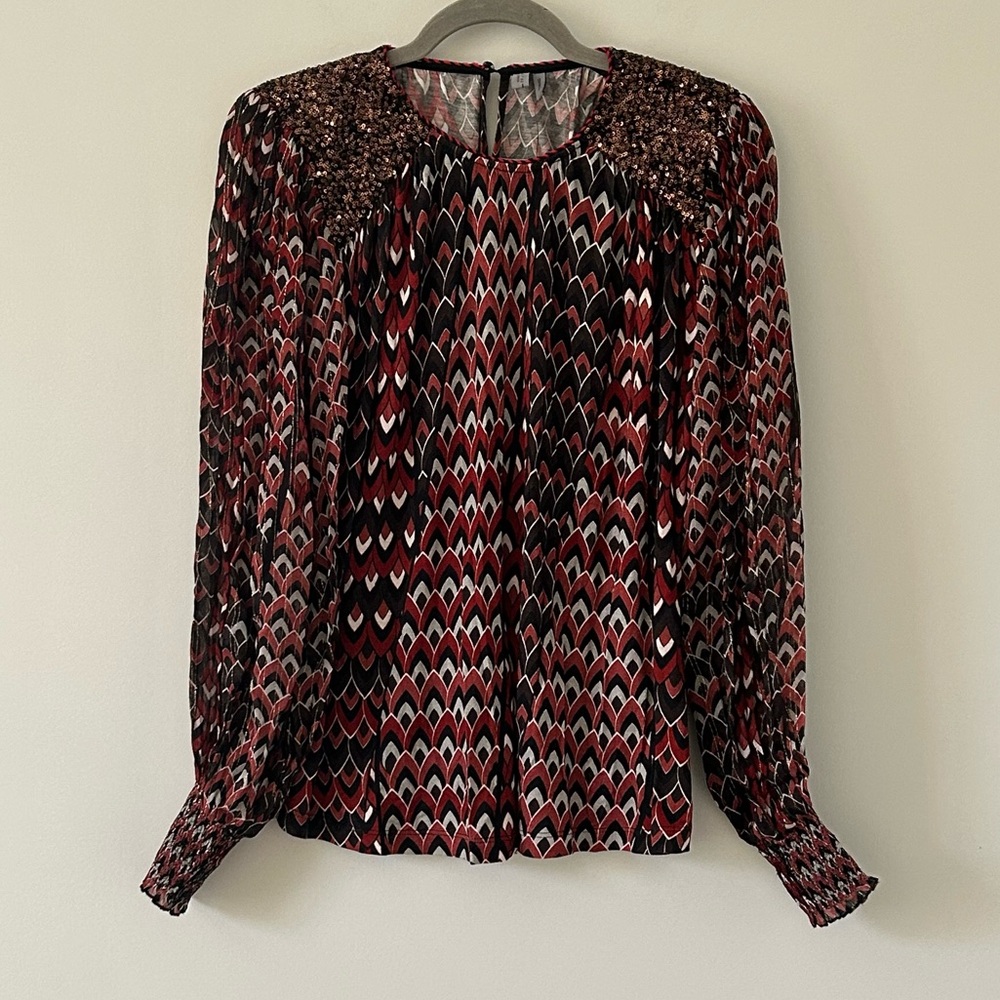 Anthropologie BL^NK London Black Red Sequin Shoulder Metallic Flowy Blouse S NWT - Picture 2 of 14